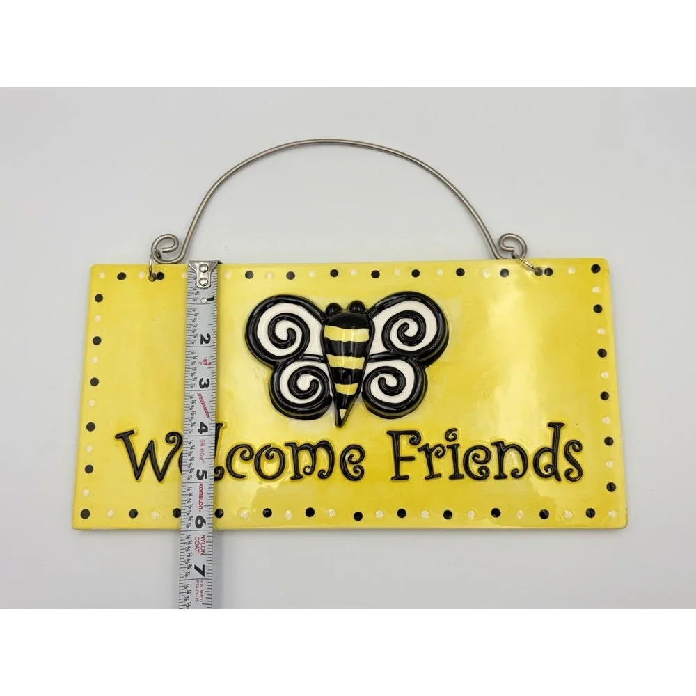 MSC 3D Bee Welcome Friends Sign Ceramic Wall Plaque Yellow Black Home Decor